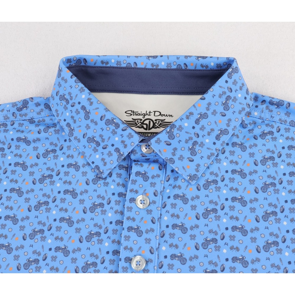 Straight Down Golf Polo Mens Medium Blue Motorcycle AOP Performance Short Sleeve